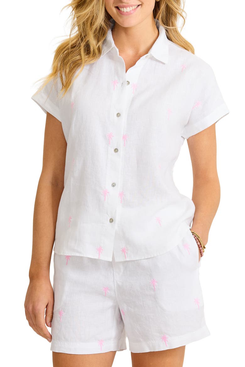 Coastalina Embroidered Linen Button-Up Shirt, Main, color, CYBER LIGHT