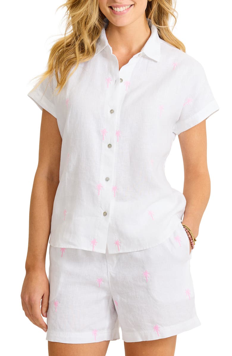 Tommy Bahama Coastalina Embroidered Linen Button-Up Shirt, Main, color, Cyber Light