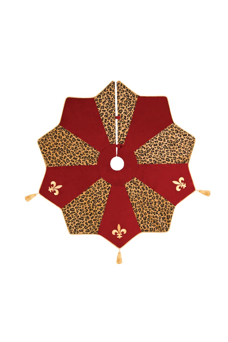 Fleur De Lis & Cheetah Print 100% Cotton Christmas Tree Skirt w/ Gold Tassels 54", Main, color, Red