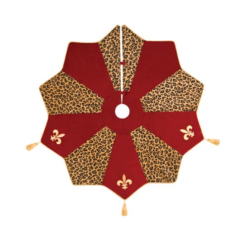 Fleur De Lis & Cheetah Print 100% Cotton Christmas Tree Skirt w/ Gold Tassels 54"