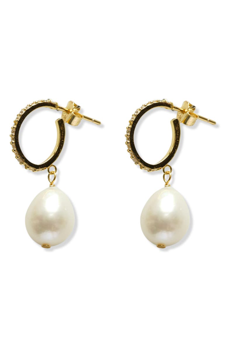 Argento Vivo Sterling Silver Cubic Zirconia & Cultured Pearl Drop Huggie Hoop Earrings, Main, color, Gold