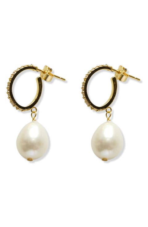 Cubic Zirconia & Cultured Pearl Drop Huggie Hoop Earrings