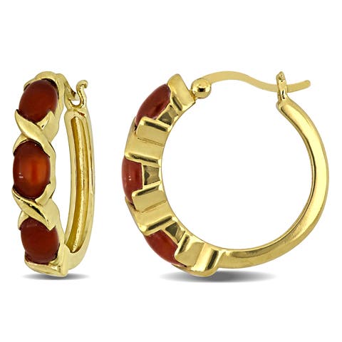 Red Agathe Hoop Earrings Yellow Plated Sterling Silver