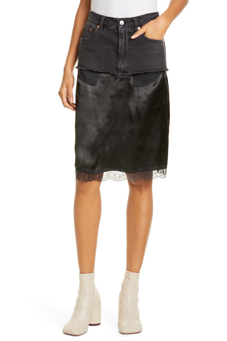 Satin Contrast Denim Skirt, Main, color, BLACK