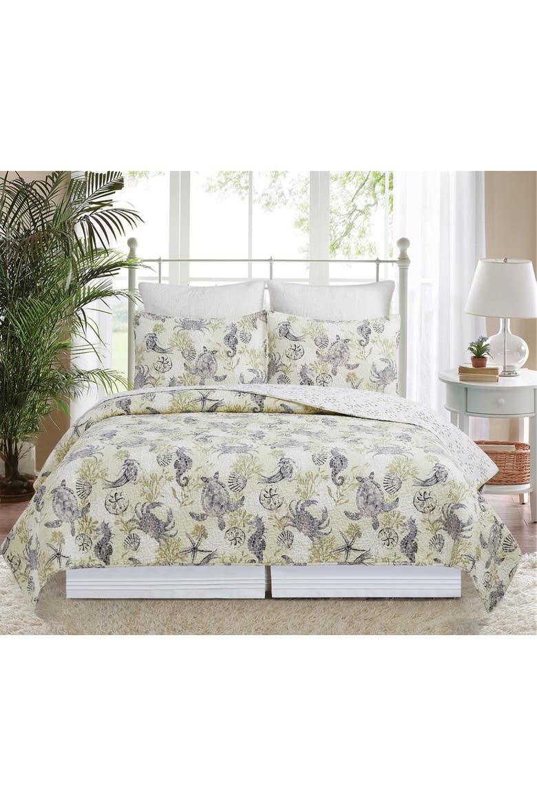 Cannon Beach Coastal Cotton Quilt Set  - Reversible and Machine Washable, Alternate, color, Green