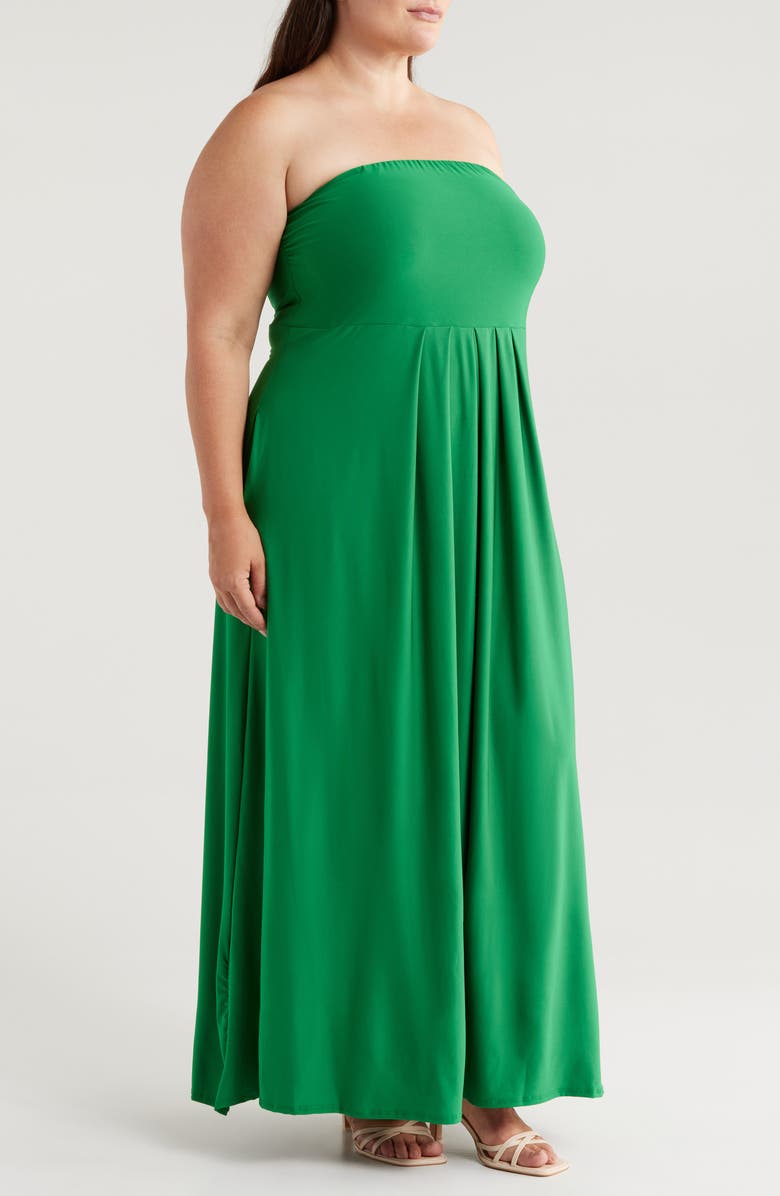24seven Comfort Apparel Pleated Stretch Strapless A-Line Dress, Alternate, color, Green