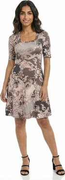 24seven Comfort Apparel Essential Petite Paisley Scoop Neck Elbow Sleeve Knee Length Skater Dress