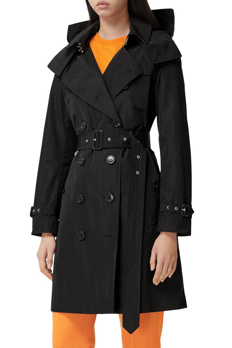 Kensington Taffeta Trench Coat with Detachable Hood, Alternate, color, BLACK