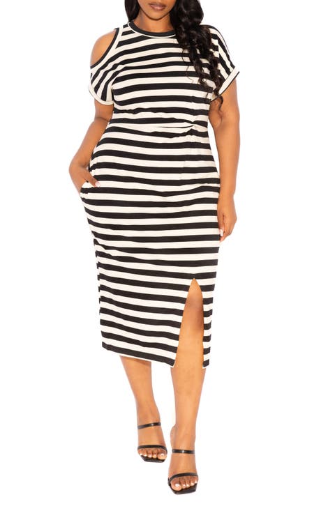 Stripe Cold Shoulder T-Shirt Dress (Plus Size)
