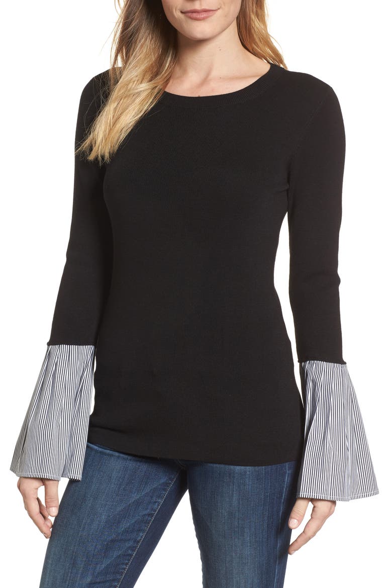 Poplin Bell Cuff Sweater, Main, color, BLACK