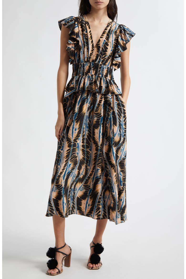 Brielle Abstract Print Silk Midi Dress, Main, color, RIVER