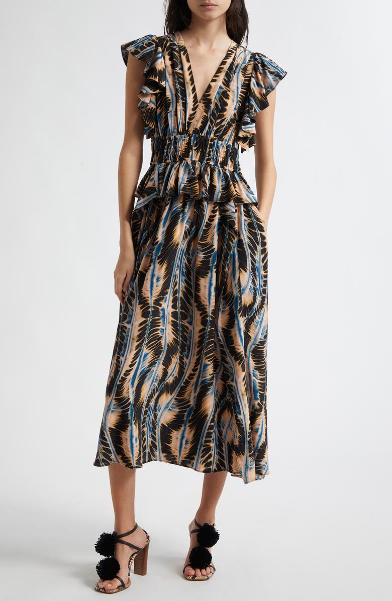 Ulla Johnson Brielle Abstract Print Silk Midi Dress, Main, color, 