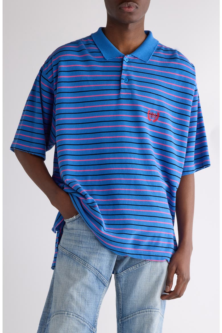 Laurel Embroidered Oversize Cotton Piqué Polo, Main, color, 4326 BLUE/ PINK