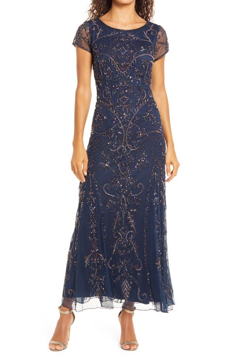 Beaded Mesh Midi Cocktail Dress