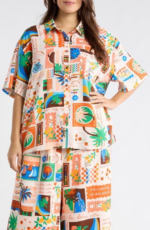 Print Loose Fit Button Up Top (Plus)