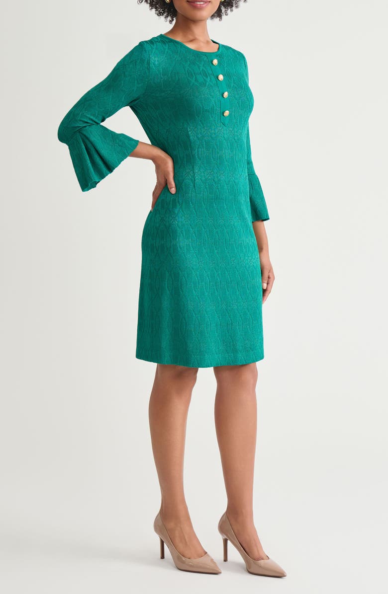 Ming Wang Tonal Multistitch Bell Sleeve Sheath Dress, Alternate, color, Everest