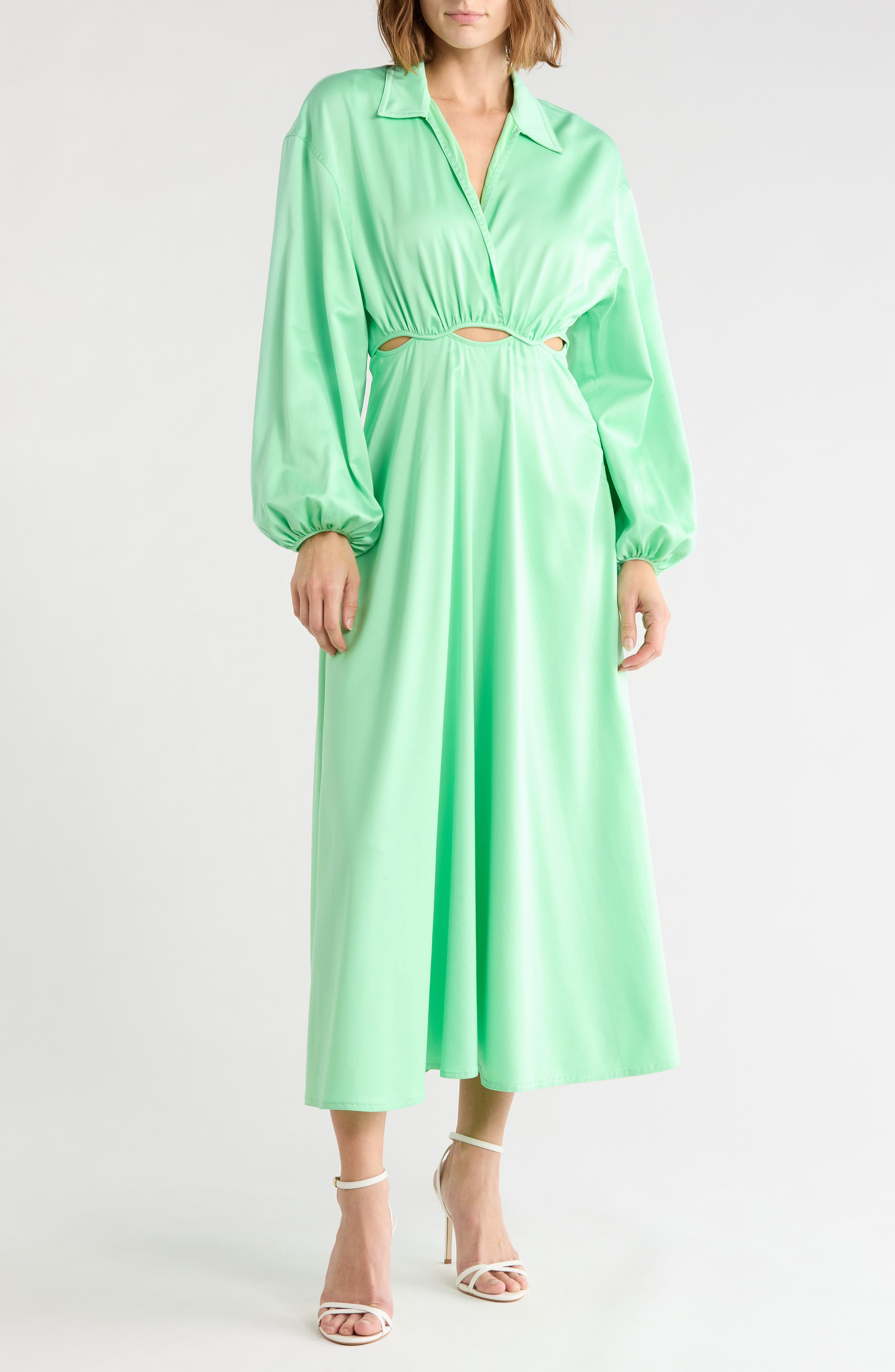 Cutout Long Sleeve Satin Maxi Dress