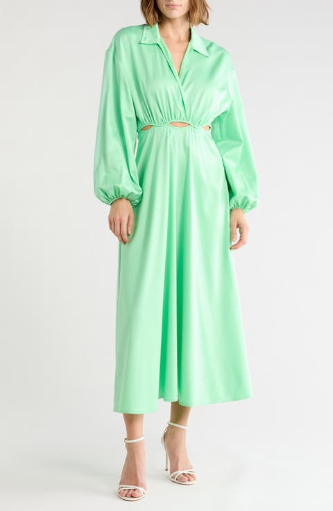 Cutout Long Sleeve Satin Maxi Dress