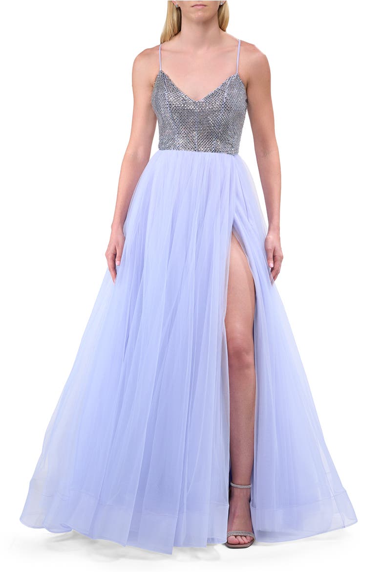 A-line Tulle Prom Dress with V-Neck Rhinestone Bodice, Alternate, color, Light Periwinkle