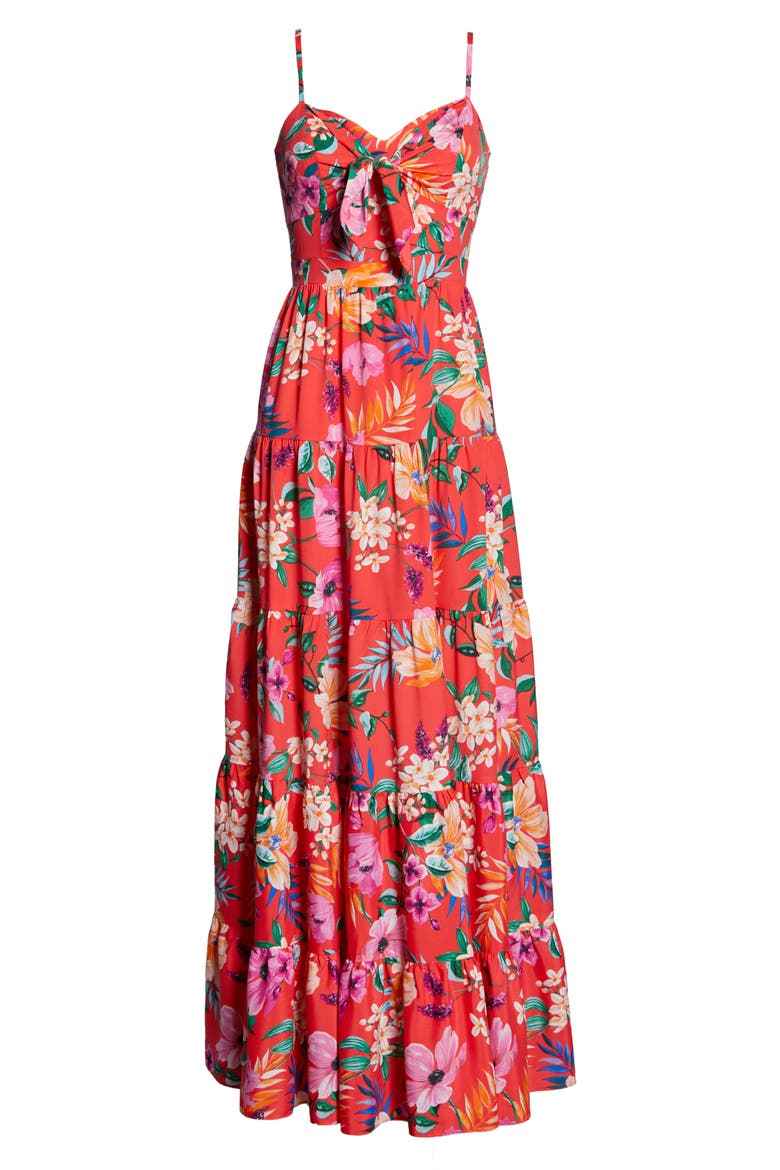 Floral Tie Front Tiered Maxi Sundress, Alternate, color, ORANGE