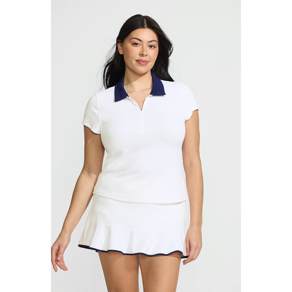 Lands' End Plus Size Short Sleeve Pique Johnny Collar Upf 50 Rash Guard In White/deep Sea Navy