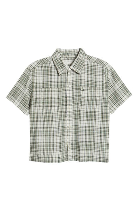 Kids' Y2K Plaid Short Sleeve Cotton Blend Button-Up Shirt