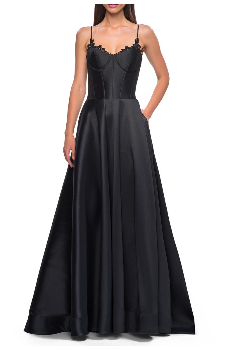 La Femme Mikado A-line Gown with Lace Detail Neckline, Main, color, Black