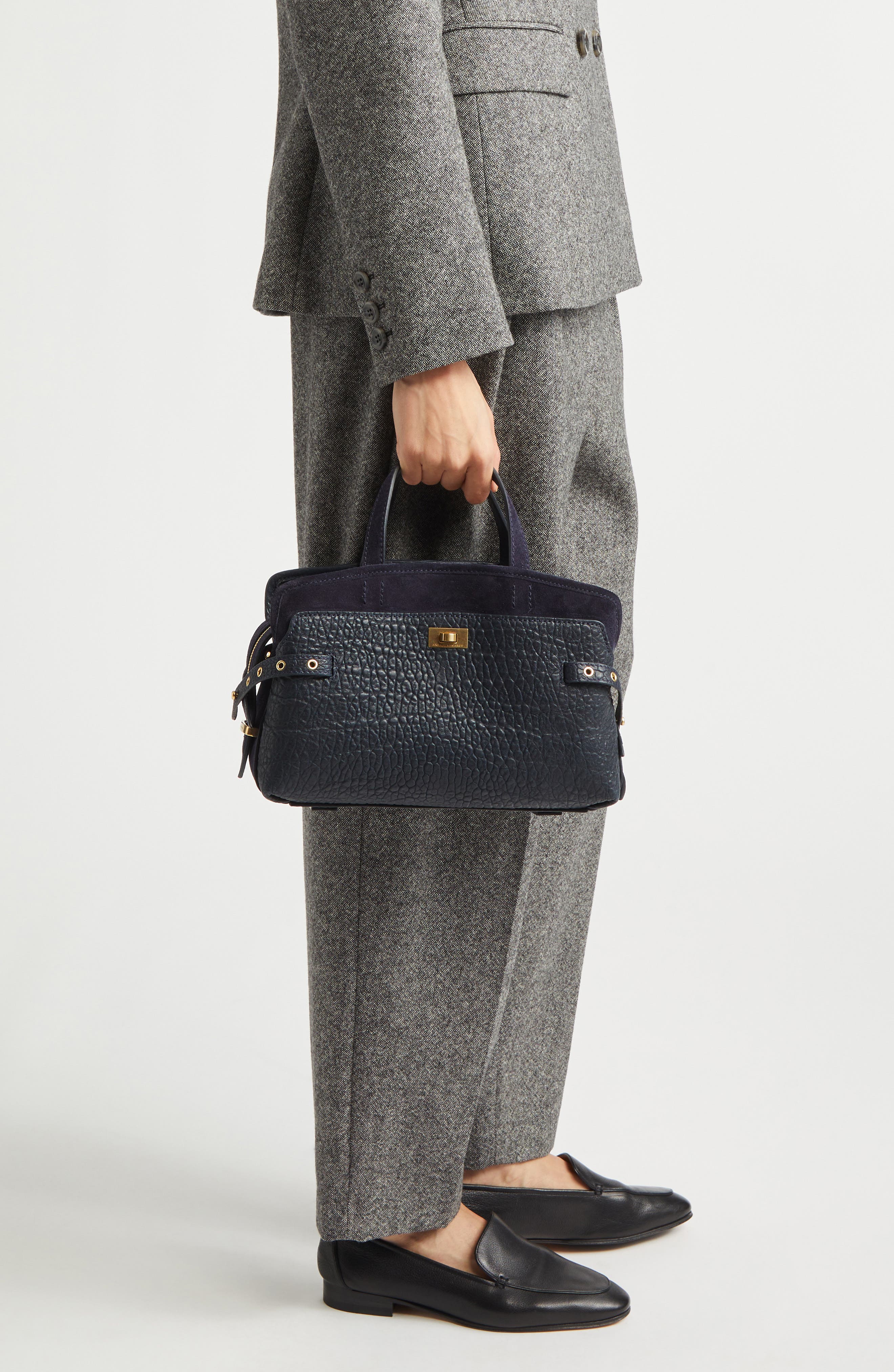 Anya Hindmarch Small Wilson Eyelet Grained Leather & Suede Tote, Alternate, color, Marine