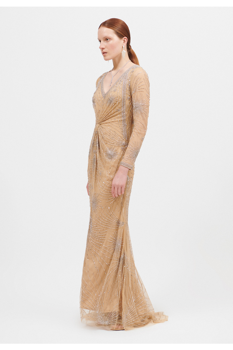 Embellished Sequin Beaded Maxi Dress With V-Neck, Alternate, color, TAUPE BLUSH