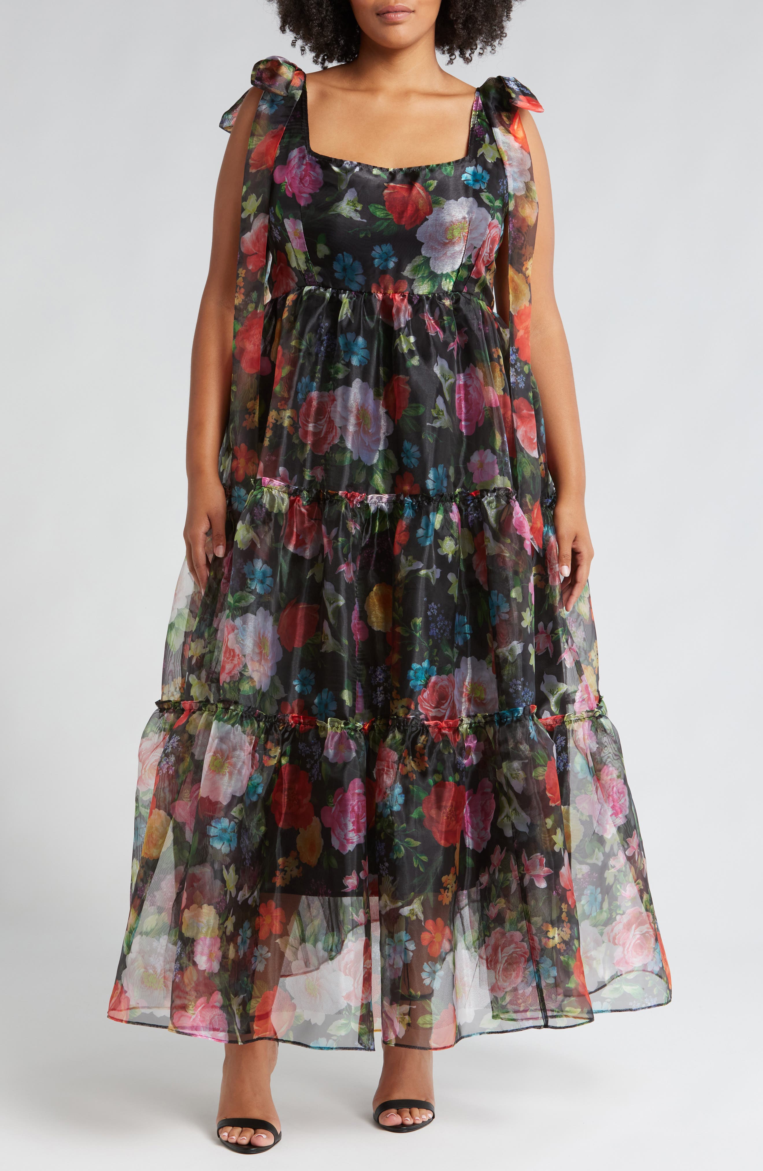 Chelsea28 Floral Bow Shoulder Maxi Dress in Black Multi Floral 