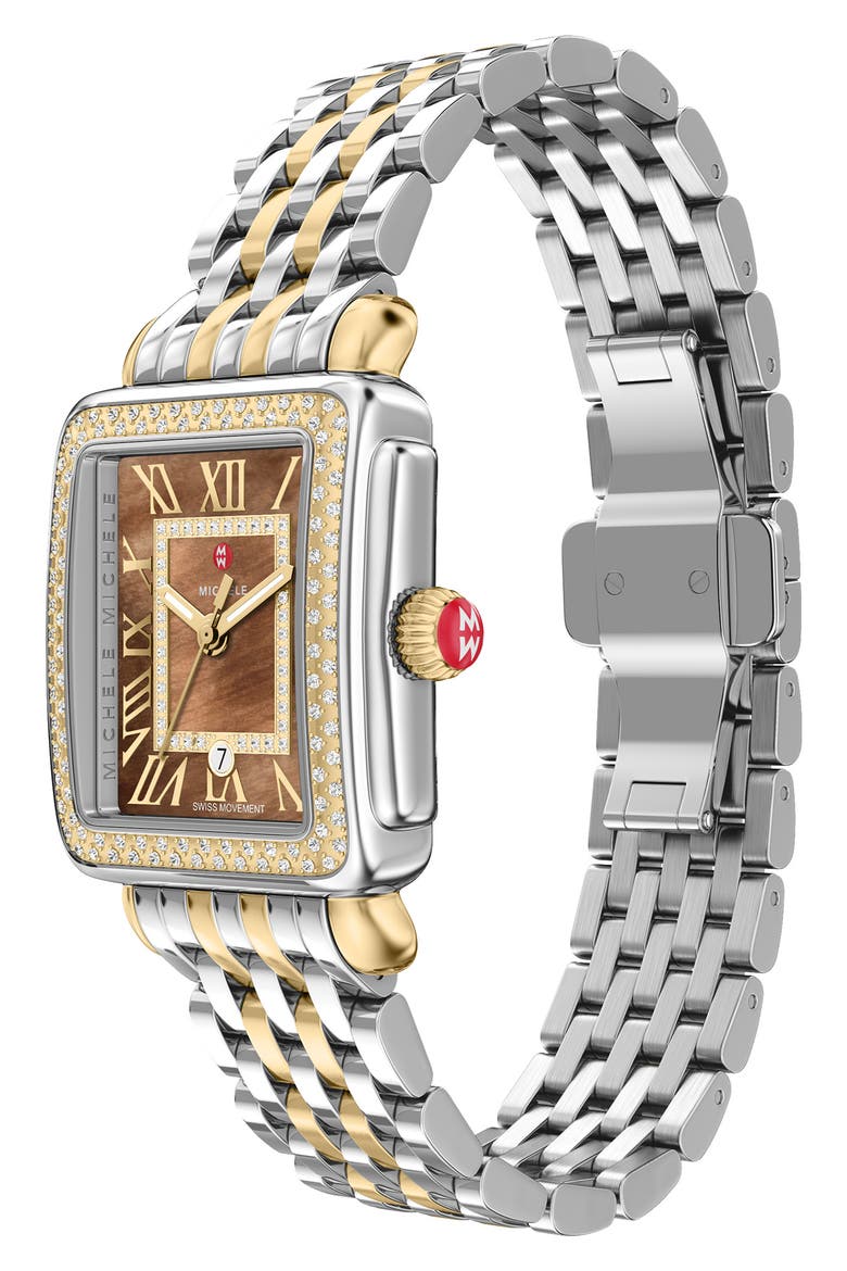 Deco Madison Mid Two-Tone 18K Gold Plate Diamond & Mother-of-Pearl Bracelet Watch, 29mm x 31mm, Alternate, color, TWO TONE