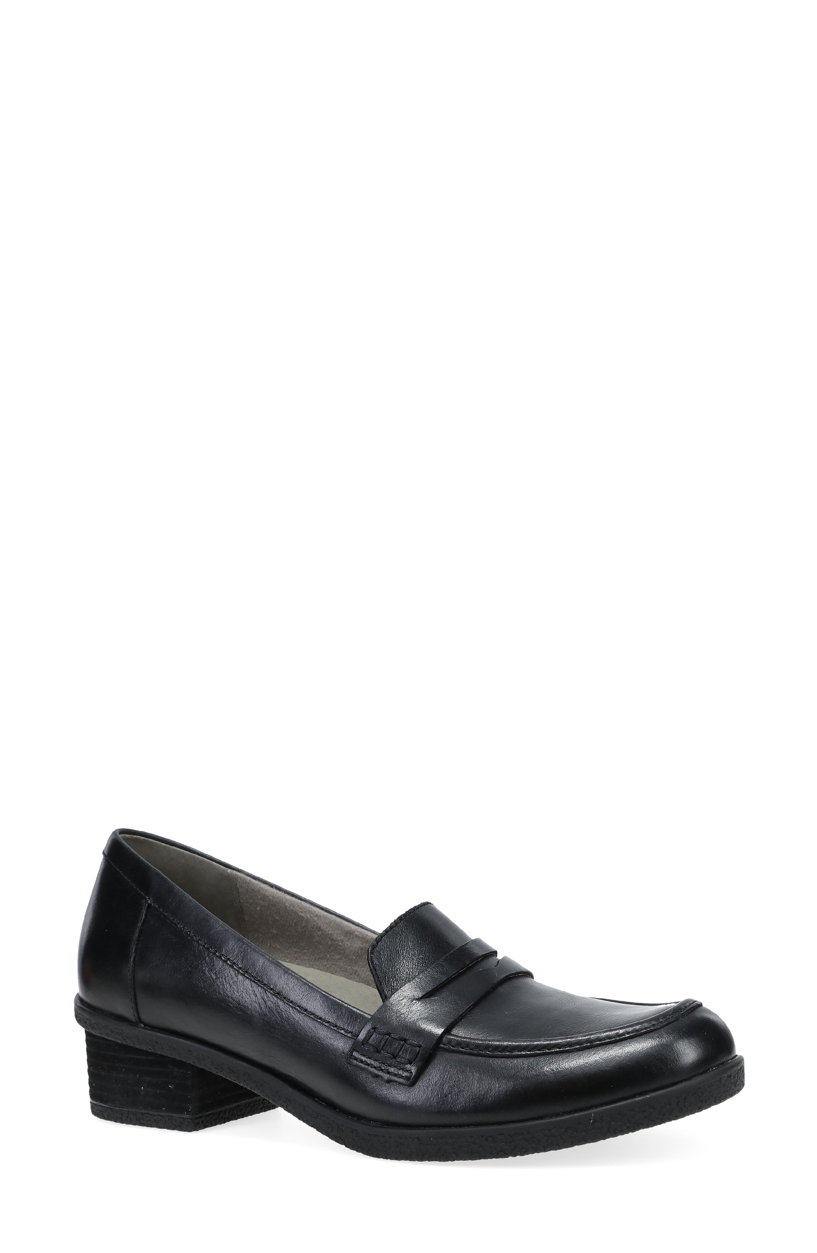 Dansko Danica Waterproof Penny Loafer Pump, Main, color, Black Waterproof Burnished