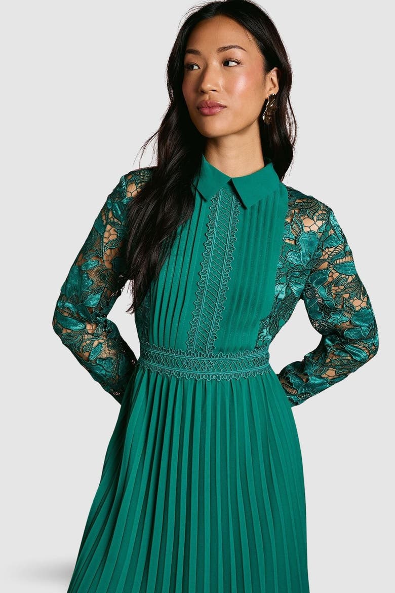 Petite Lace Shirt Dress, Alternate, color, Emerald
