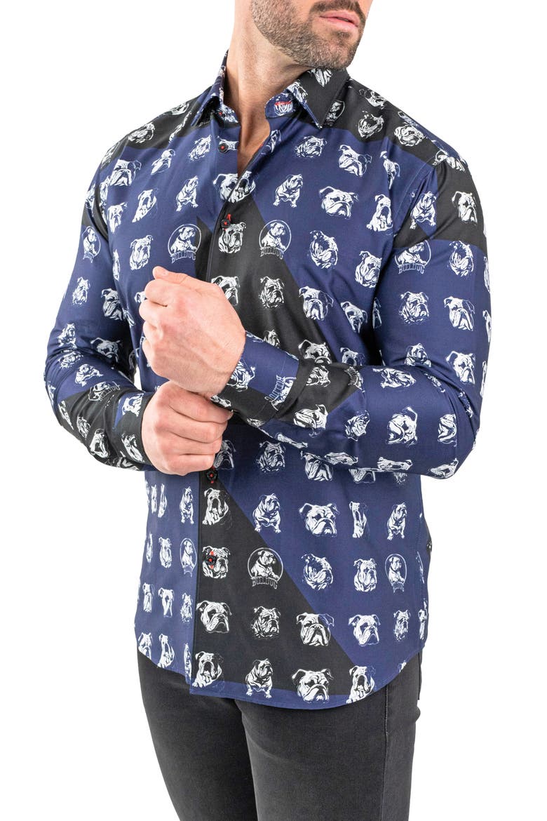 Fibonacci Bulldog Print Contemporary Fit Button-Up Shirt, Alternate, color, BLUE