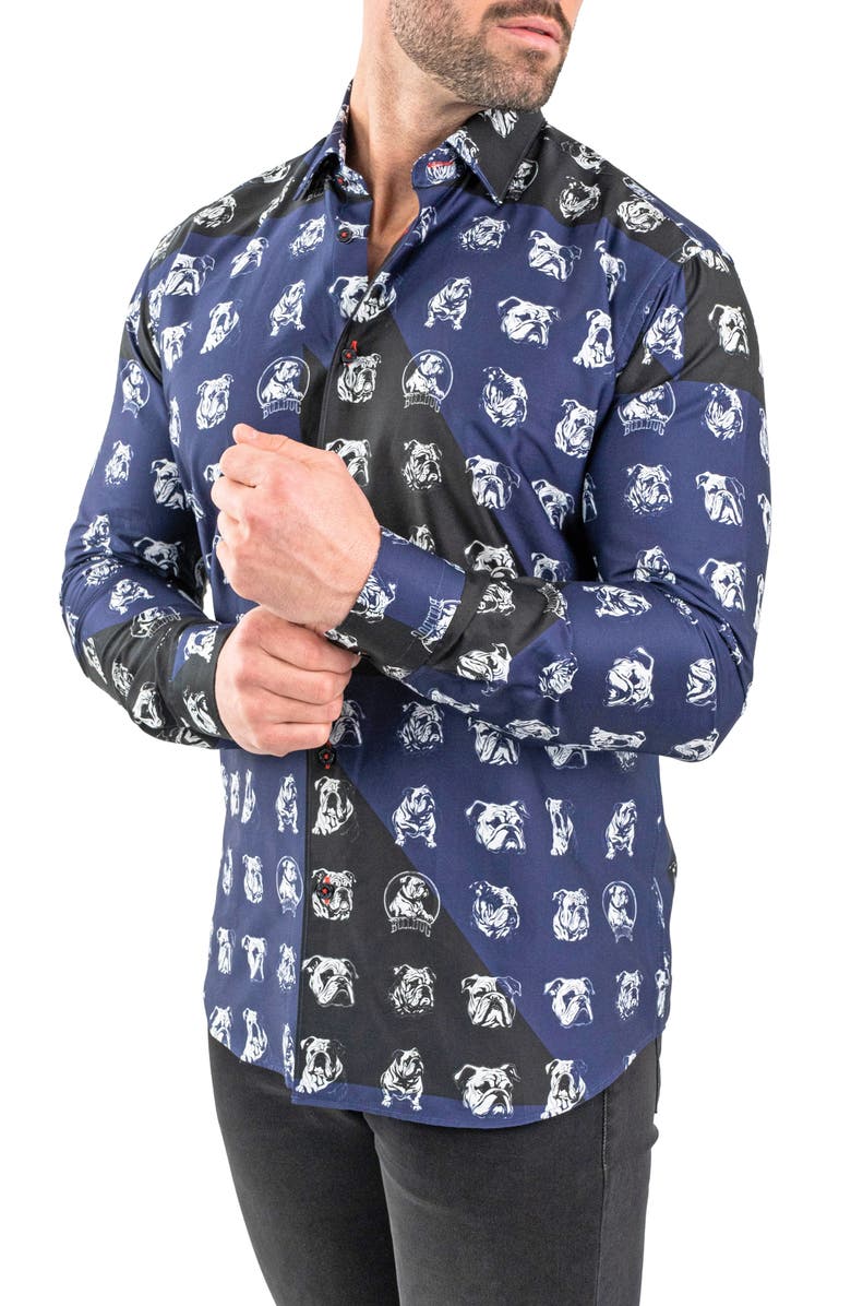 Maceoo Fibonacci Bulldog Print Contemporary Fit Button-Up Shirt, Alternate, color, Blue