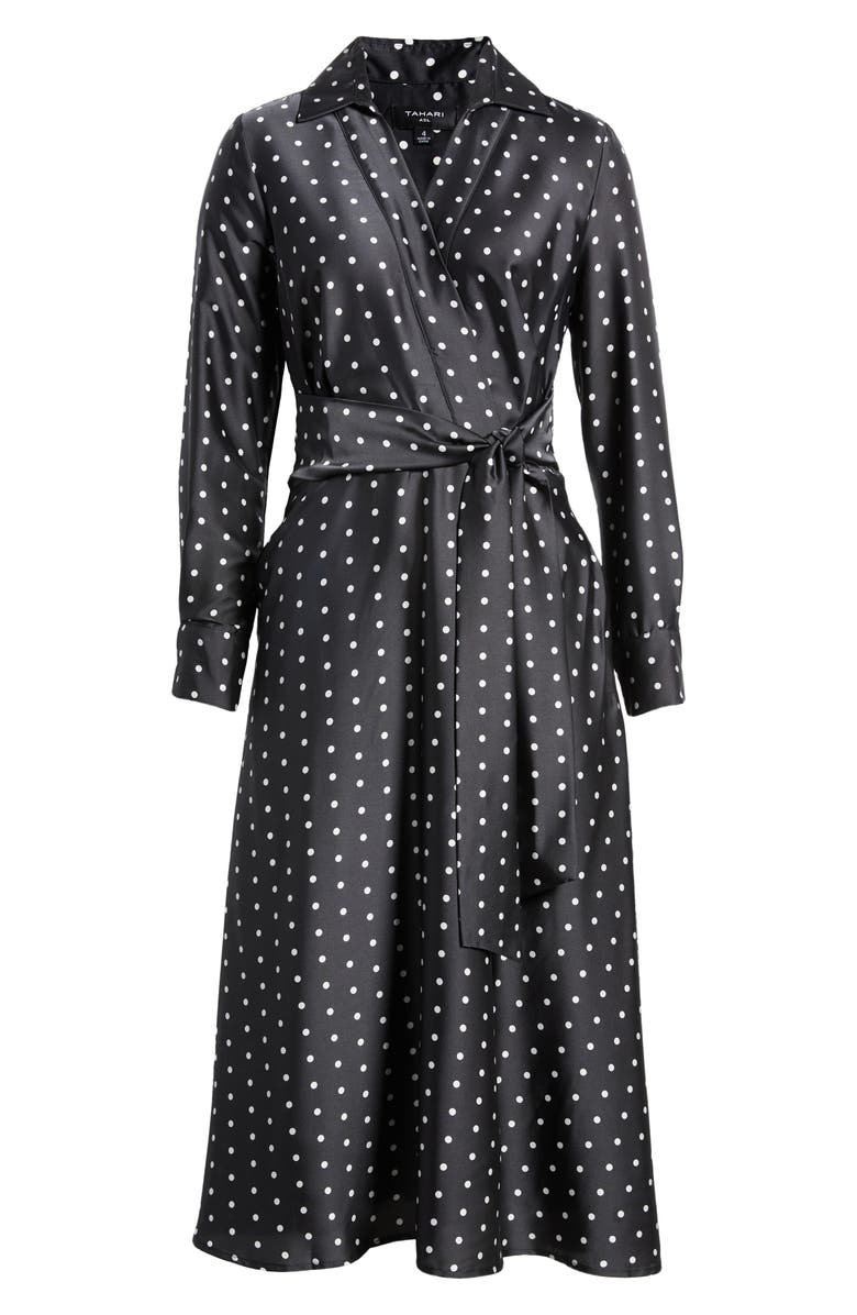 Tahari ASL Polka Dot Hammered Satin Faux Wrap Dress, Alternate, color, 