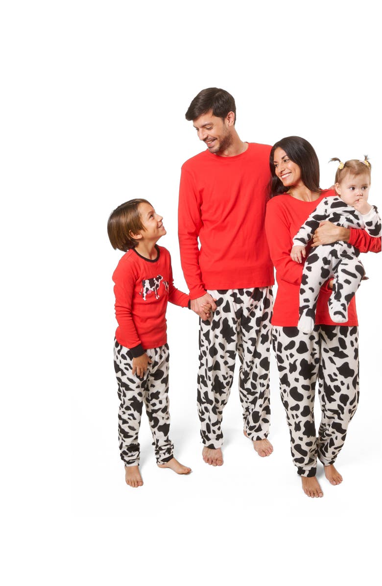 Leveret Kids Footed Fleece Printed Matching Family Holiday Pajamas, Alternate, color, Cow