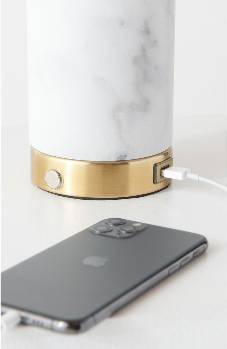 Brightech Aspen 14.5" Frosted Glass Orb and Marble LED Table Lamp with USB Charging Port and 3-Way Dimmer, Alternate, color, Natural Stone White