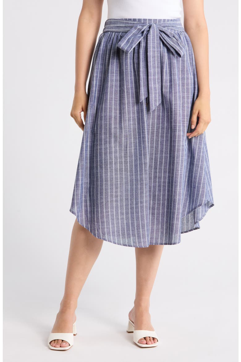 Stripe Curve Hem Linen Blend Midi Skirt, Main, color, DENIM