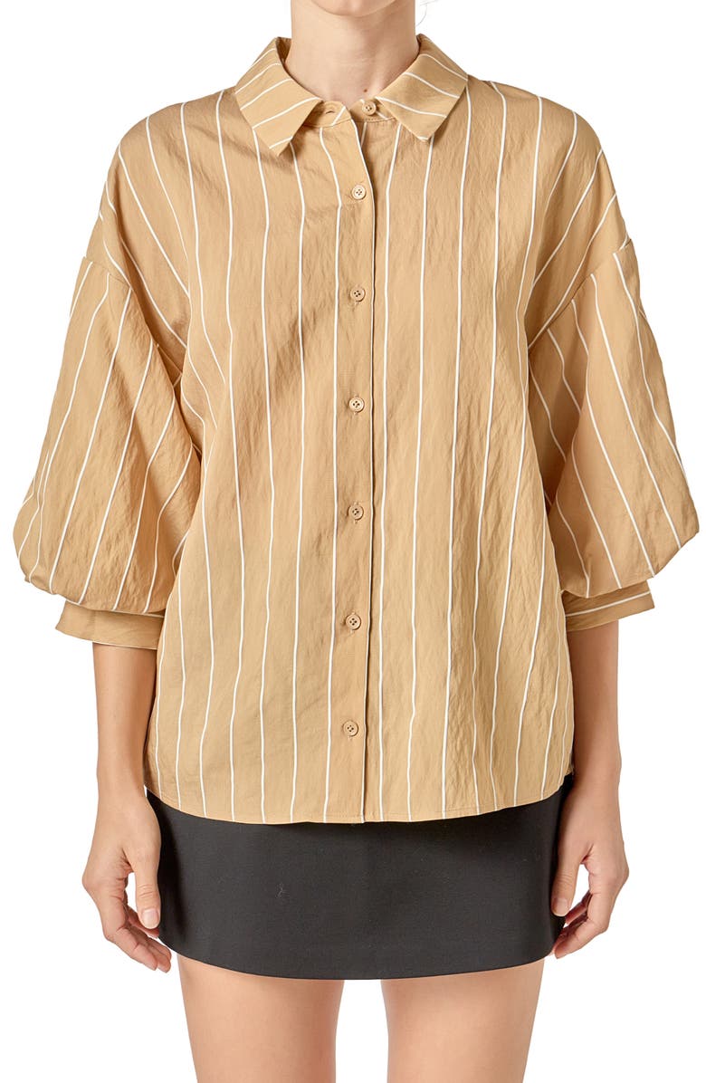 English Factory Stripe Balloon Sleeve Shirt, Alternate, color, Tan/ White