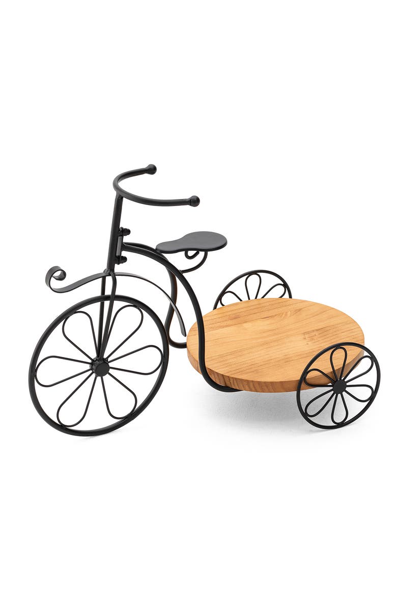 Glitzhome 18"L Solid Wood and Metal Tricycle Planter Stand with Tray, Main, color, Black