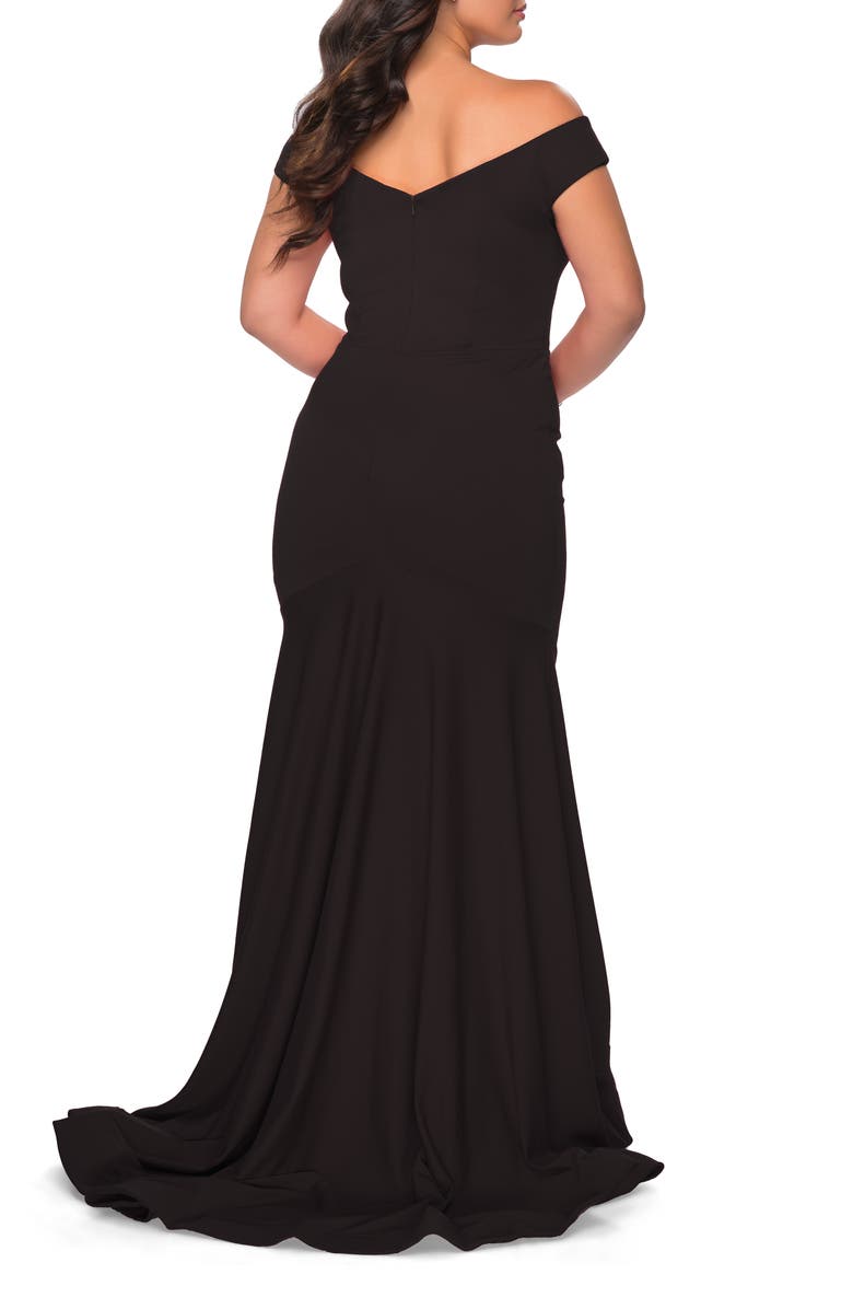 La Femme Off the Shoulder Plus Size Jersey Dress, Alternate, color, Black
