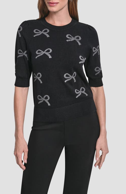 Dkny Sequin Bow Embellished Short Sleeve Cotton Blend Crewneck Sweater In Black