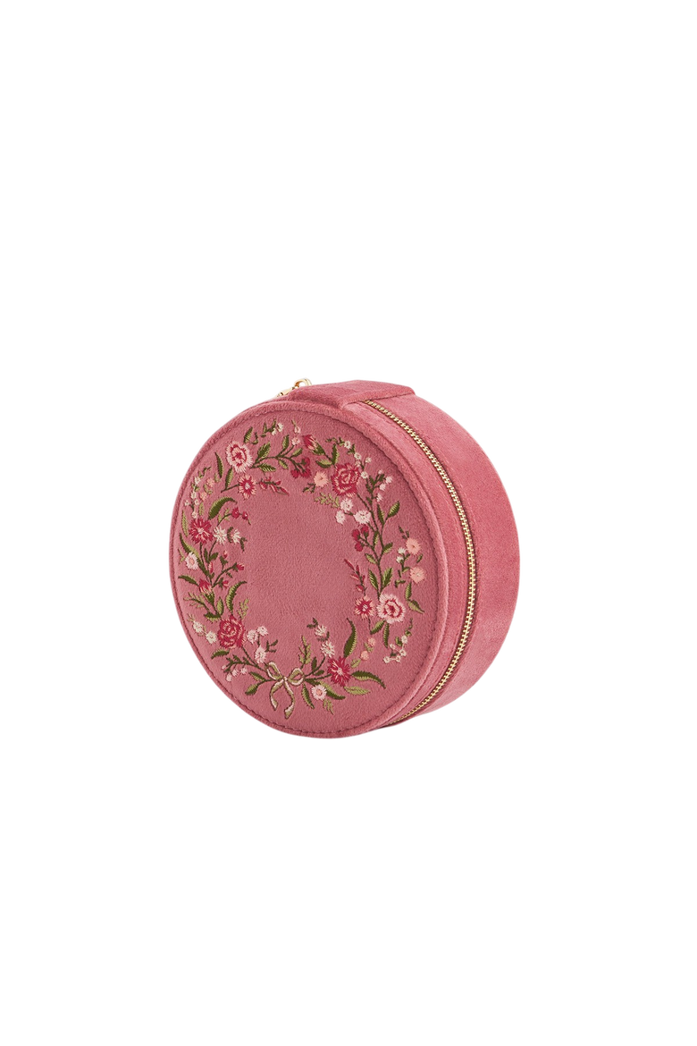 Floral Wreath Velvet Embroidered Round Jewelry Box, Alternate, color, Rose Pink