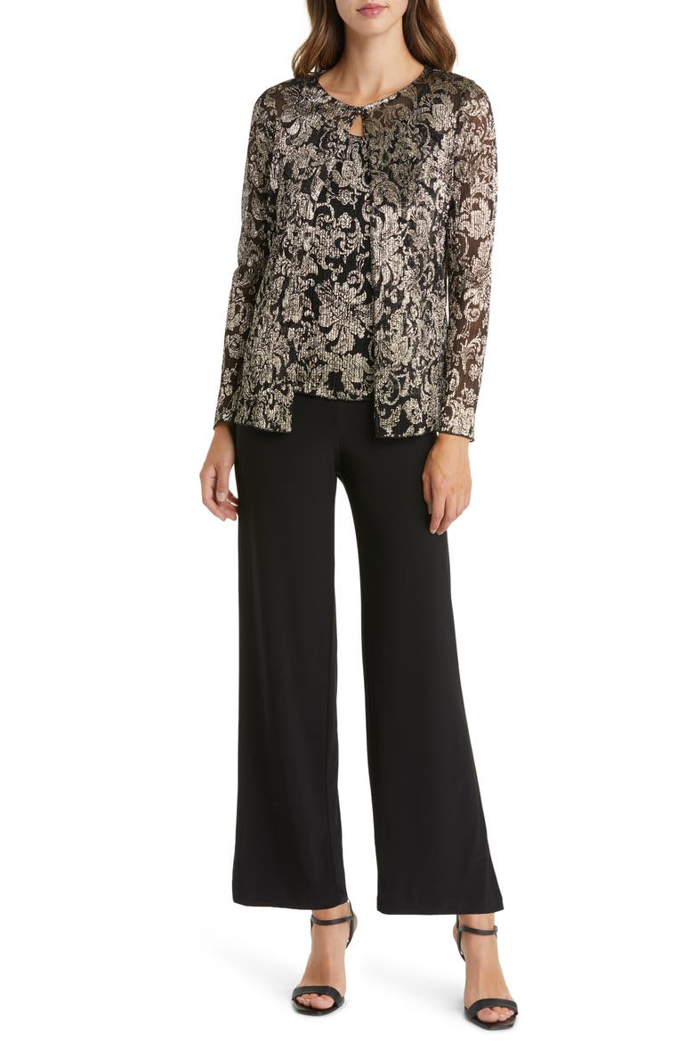 Mixed Media Metallic Bodice Jumpsuit & Jacket Set, Main, color, BLACK/ GOLD