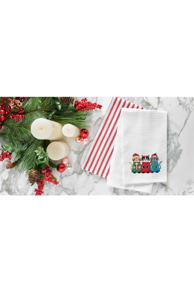 Christmas Caroling Cats Embroidered Cotton Waffle Weave Kitchen Dishtowel, Alternate, color, White