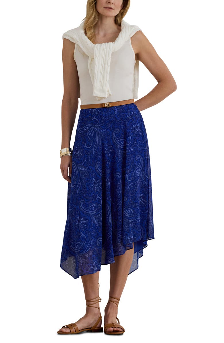 Lauren Ralph Lauren Paisley High Low Midi Skirt, Alternate, color, Blue/ Multi