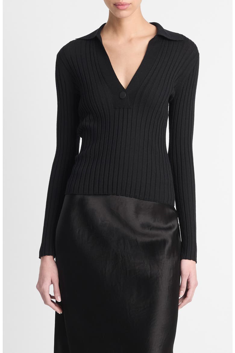 Wool & Silk Blend Rib Polo Sweater, Main, color, BLACK