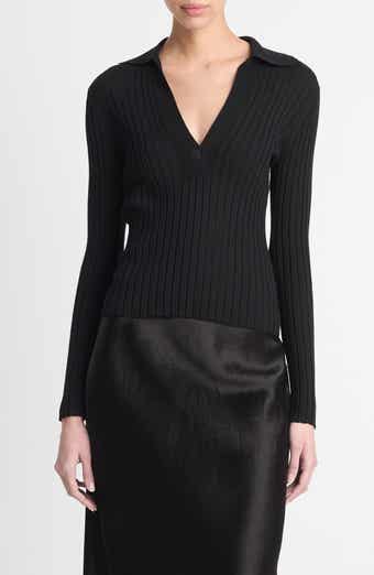 Wool & Silk Blend Rib Polo Sweater