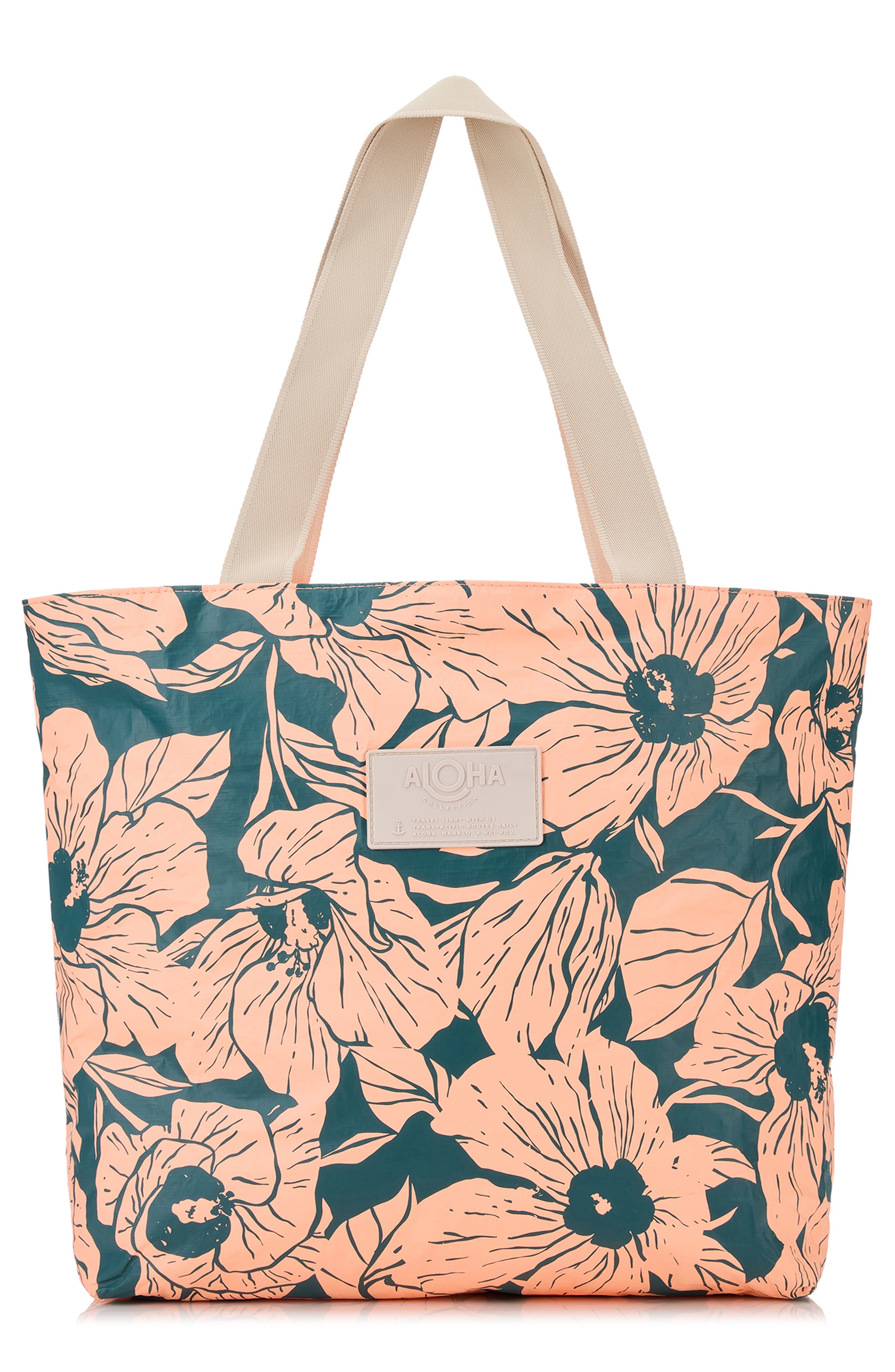 Aloha Collection Day Tripper Flor Del Mar Water Resistant Tyvek<sup>®</sup> Tote, Main, color, Dark Teal/ Peachy